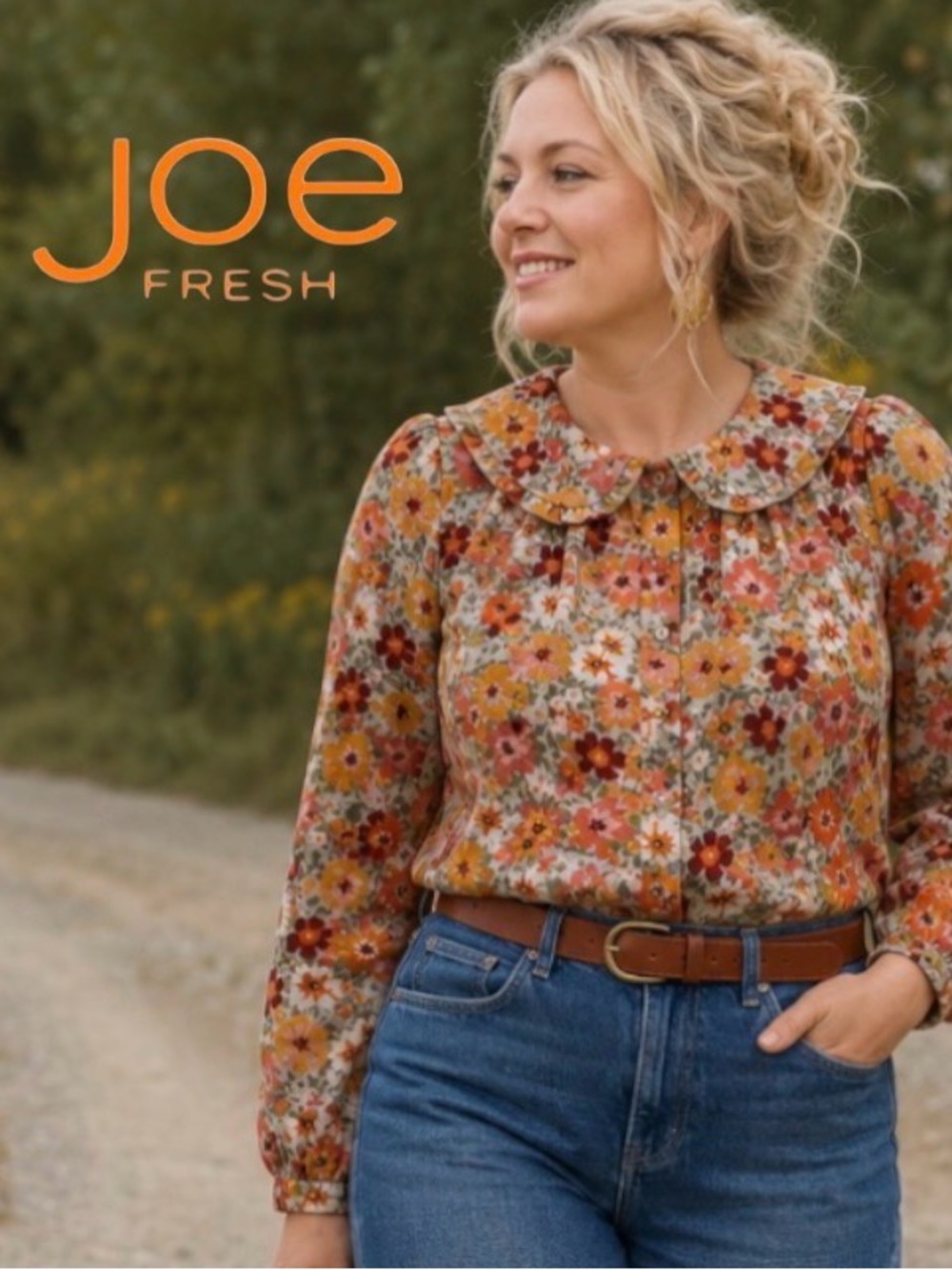 3X Jillian Harris x Joe Fresh Collab Floral Button-Up Blouse w. Peter Pan Collar